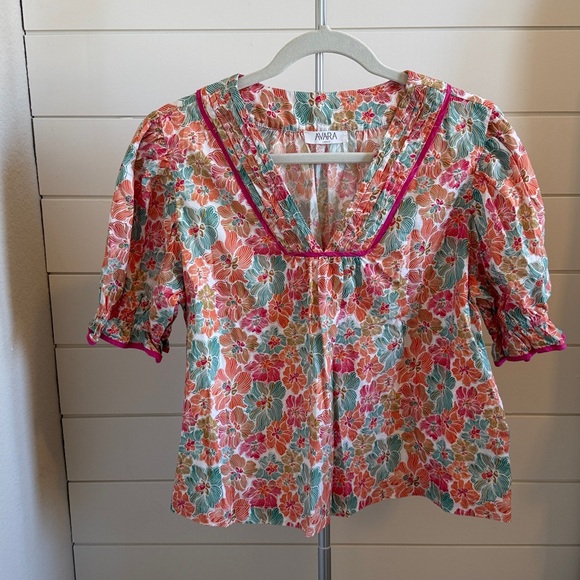 Avara Tops - Avara Floral V-Neck Puff Sleeve Blouse — Coral, Teal & Pink